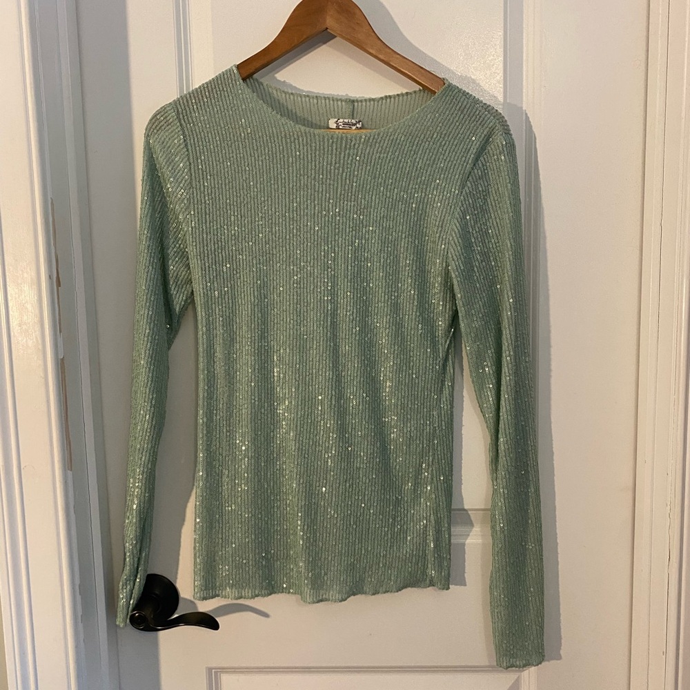 Free People Intimately Free Gold Rush Mint Green Sequined Long Sleeve